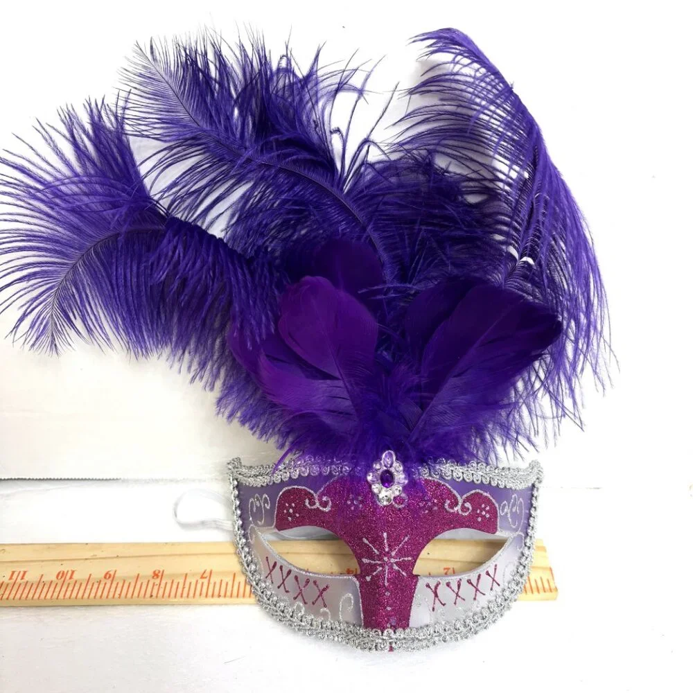 Mardi Gras Style Purple Silver Mask with Purple Ostrich Feathers EUC